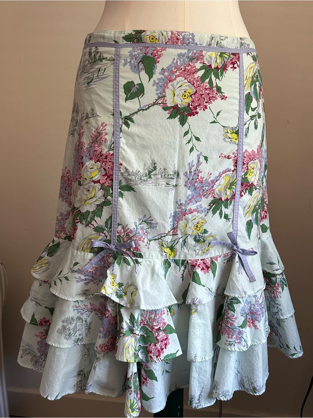Light Blue French Floral Knee Length Skirt with Bows & Ruffled Tiers